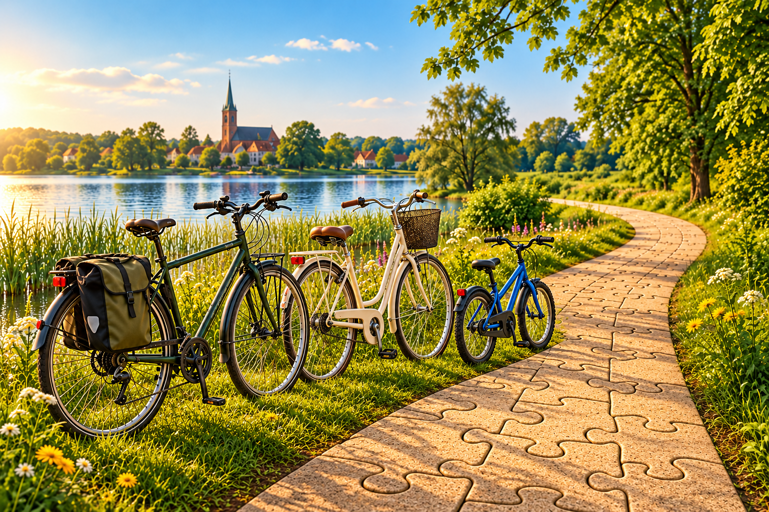 Herrenrad, Damenrad mit tiefem Einstieg und Kinderrad an einem Puzzleweg neben See und Wald.