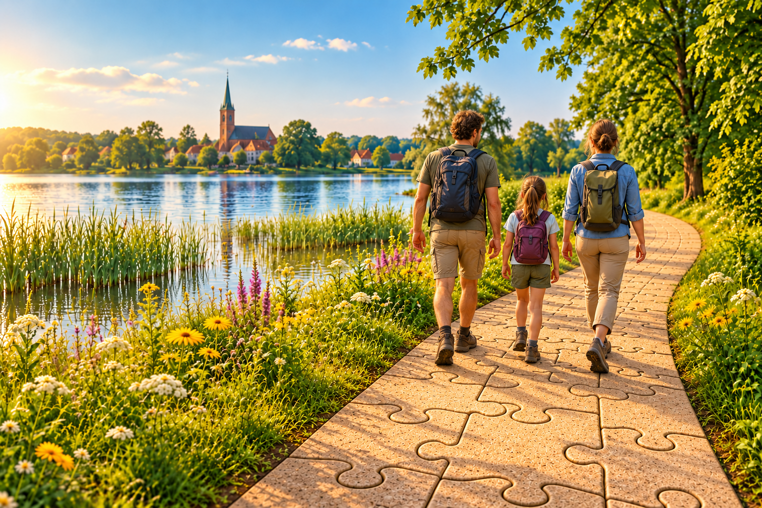Mann, Frau und Kind wandern gemeinsam auf einem Puzzleweg neben See und Wald.